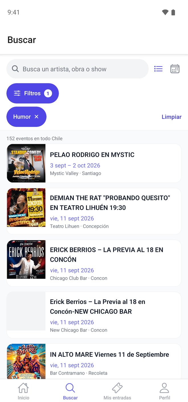 Buscador de Resonar con el filtro «Humor» puesto, mostrando 152 eventos en todo Chile.