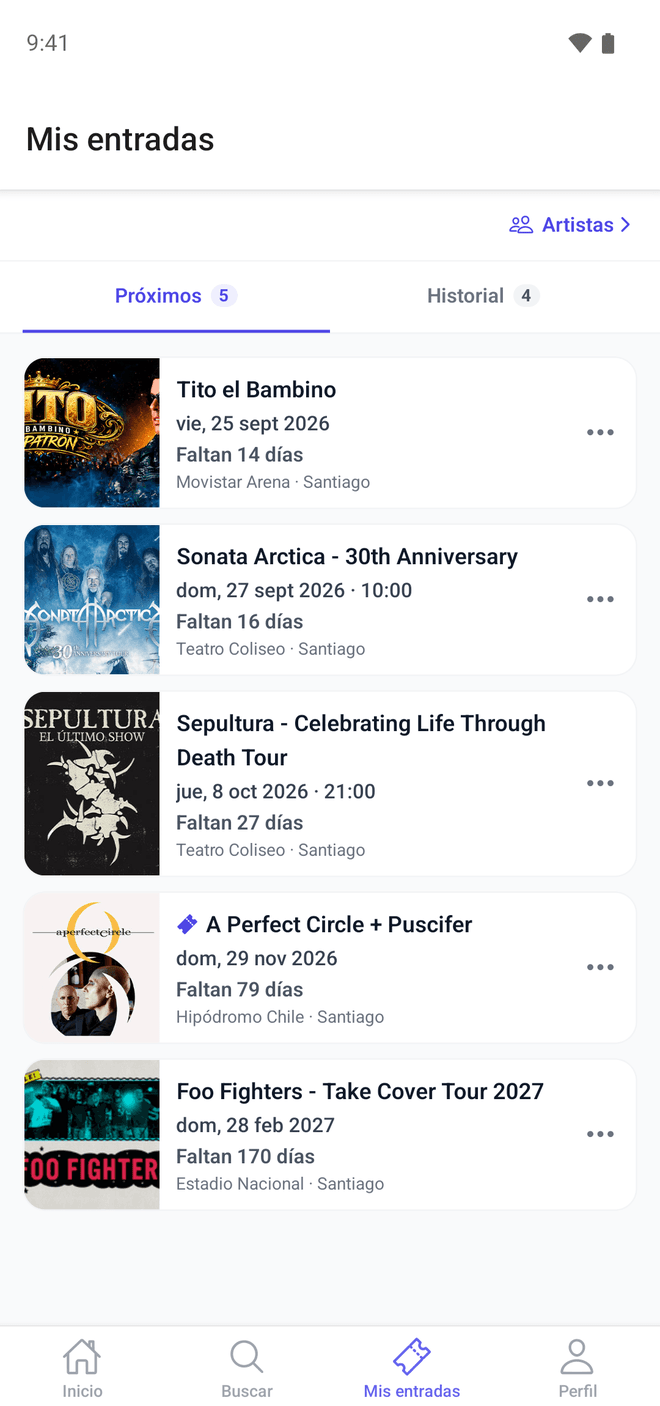 Pantalla «Mis entradas» de Resonar con las pestañas Próximos e Historial y la cuenta regresiva de cada show guardado.