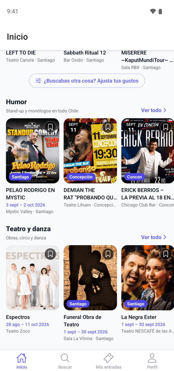 Pantalla de inicio de Resonar: la cuenta regresiva al próximo panorama guardado y la sección de Fondas